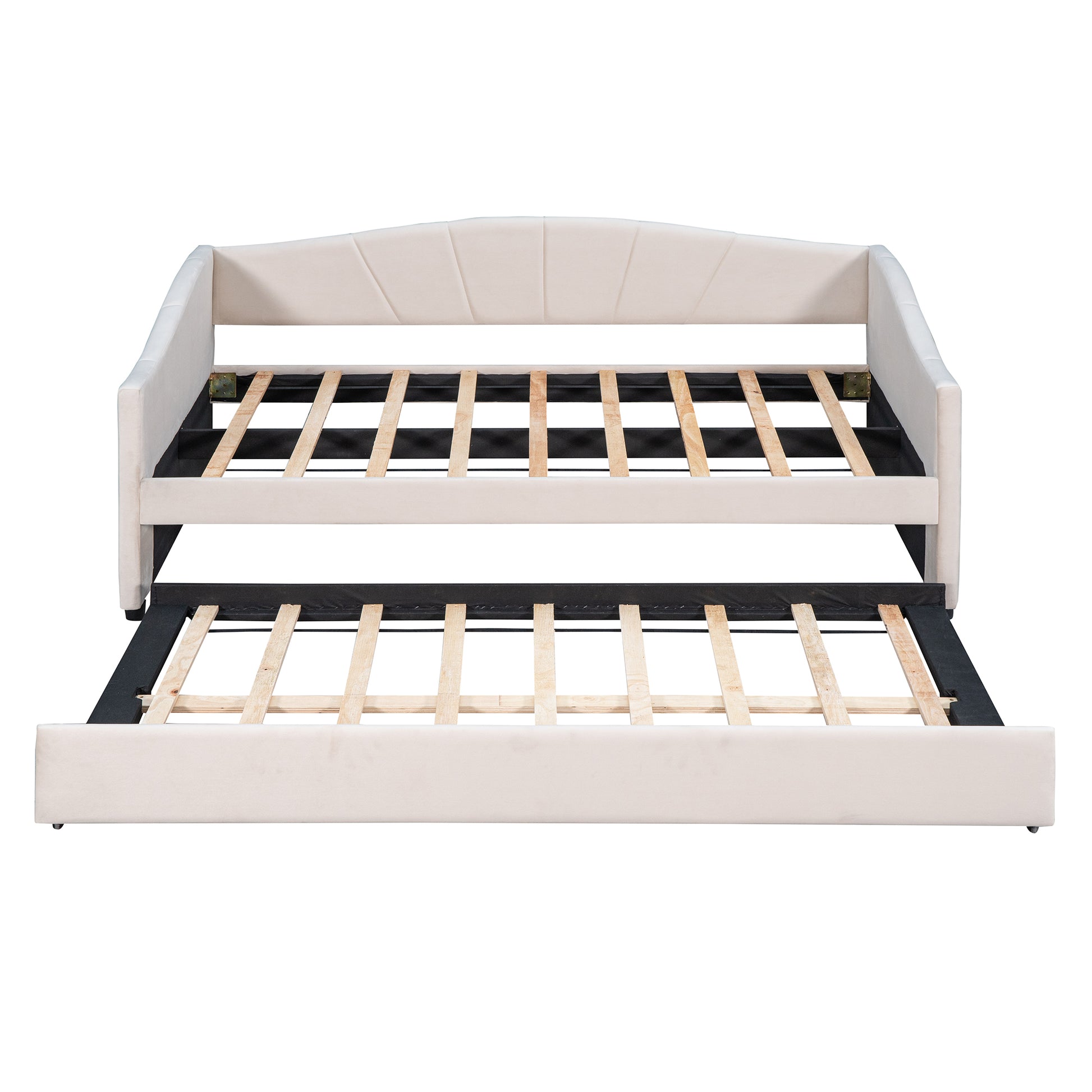 Cream upholstered daybed with a pullout trundle showing wooden slats