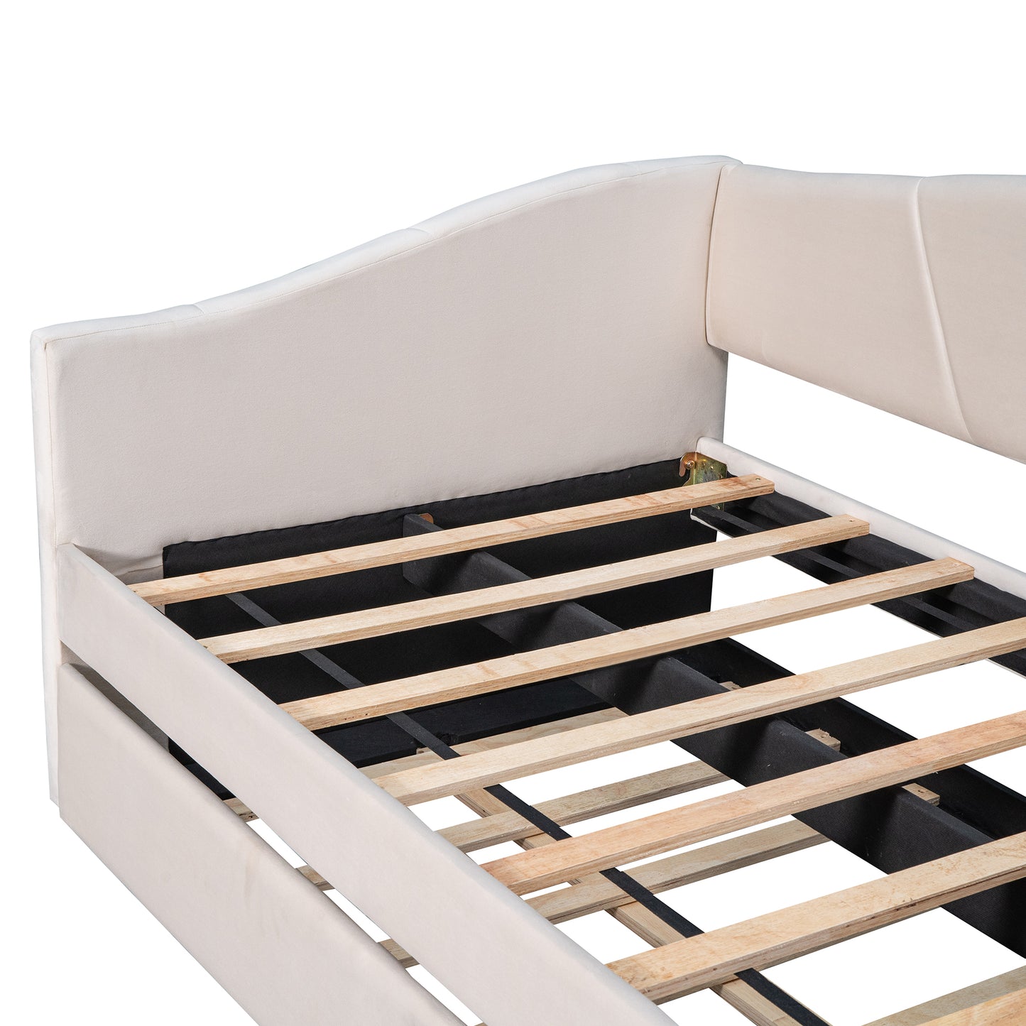 Upholstered cream daybed frame with wooden slats