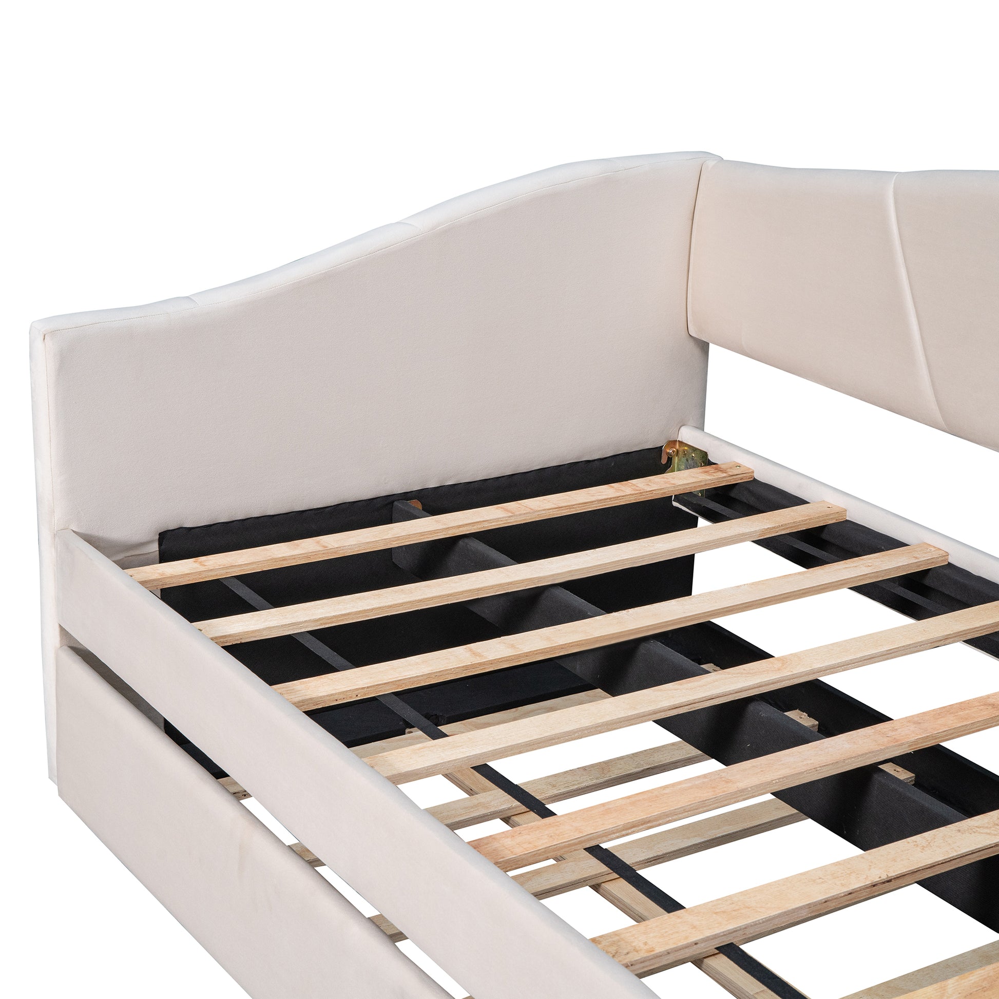 Upholstered cream daybed frame with wooden slats