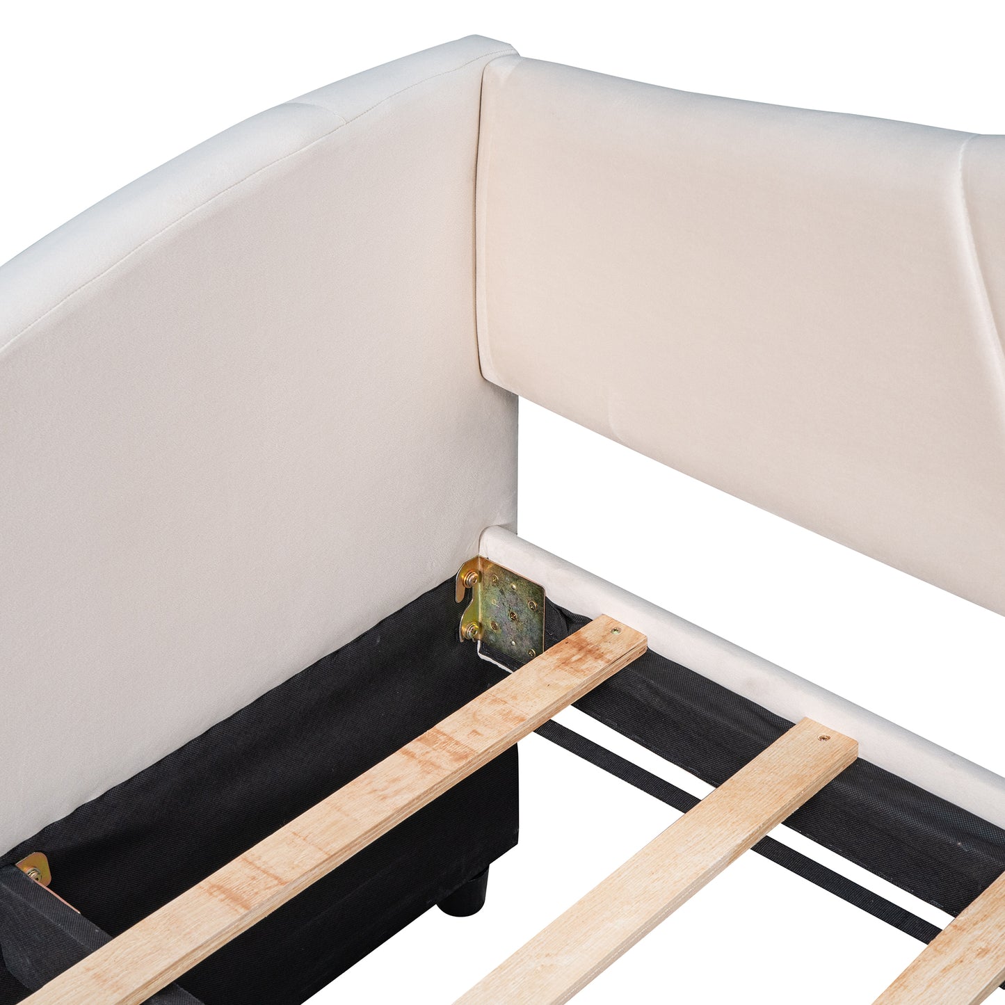 Cream upholstered bed frame detail with wooden slats and metal brackets