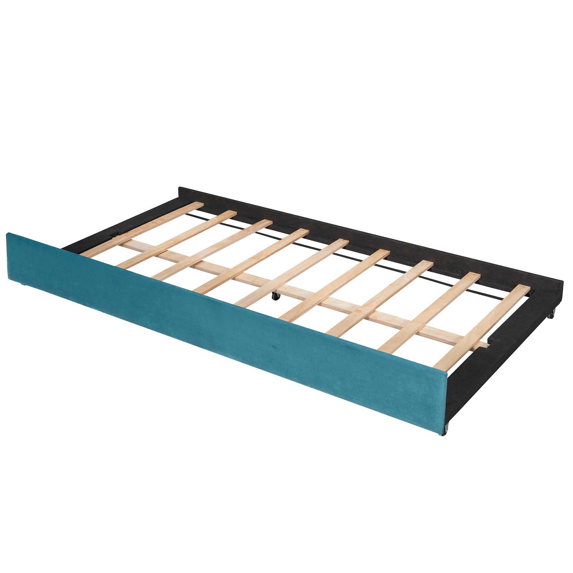 Teal upholstered bed frame with wooden slats