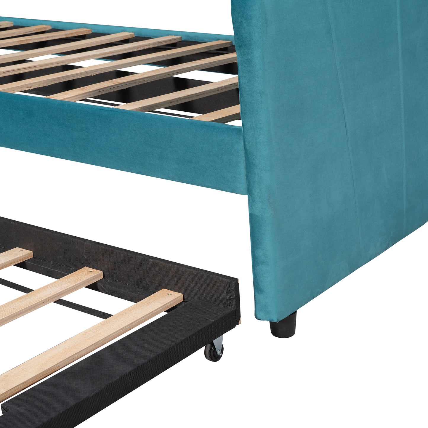 Teal velvet sofa bed frame with visible wooden slats