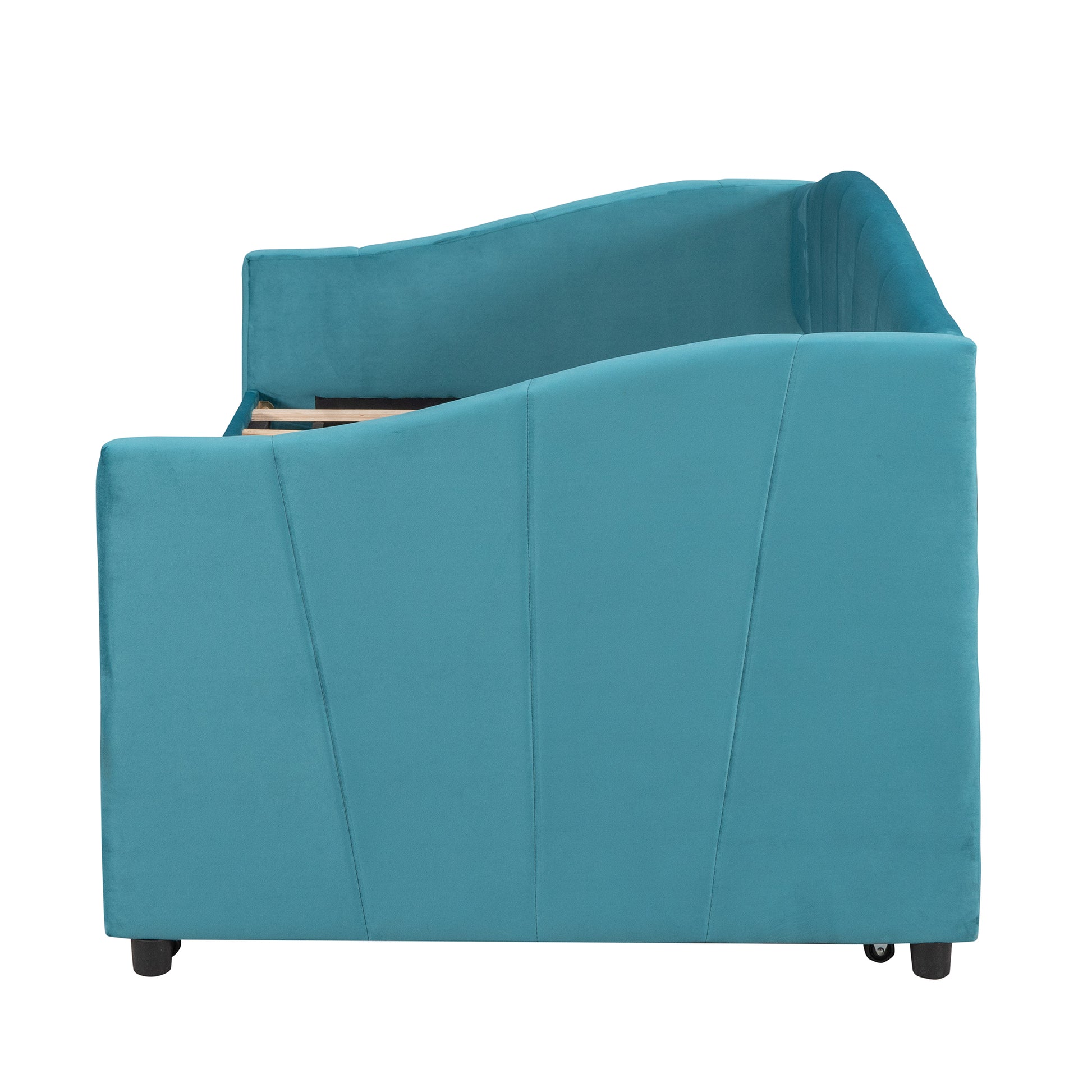 Turquoise velvet daybed with upholstered curved armrest and channel tufting