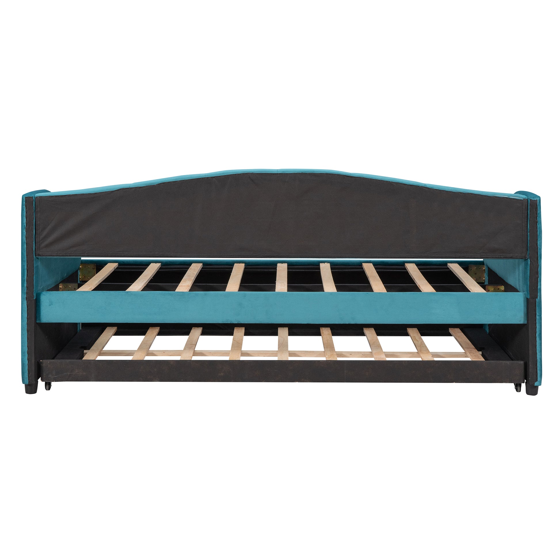 Turquoise velvet daybed with pullout trundle and wooden slats functional for guest rooms