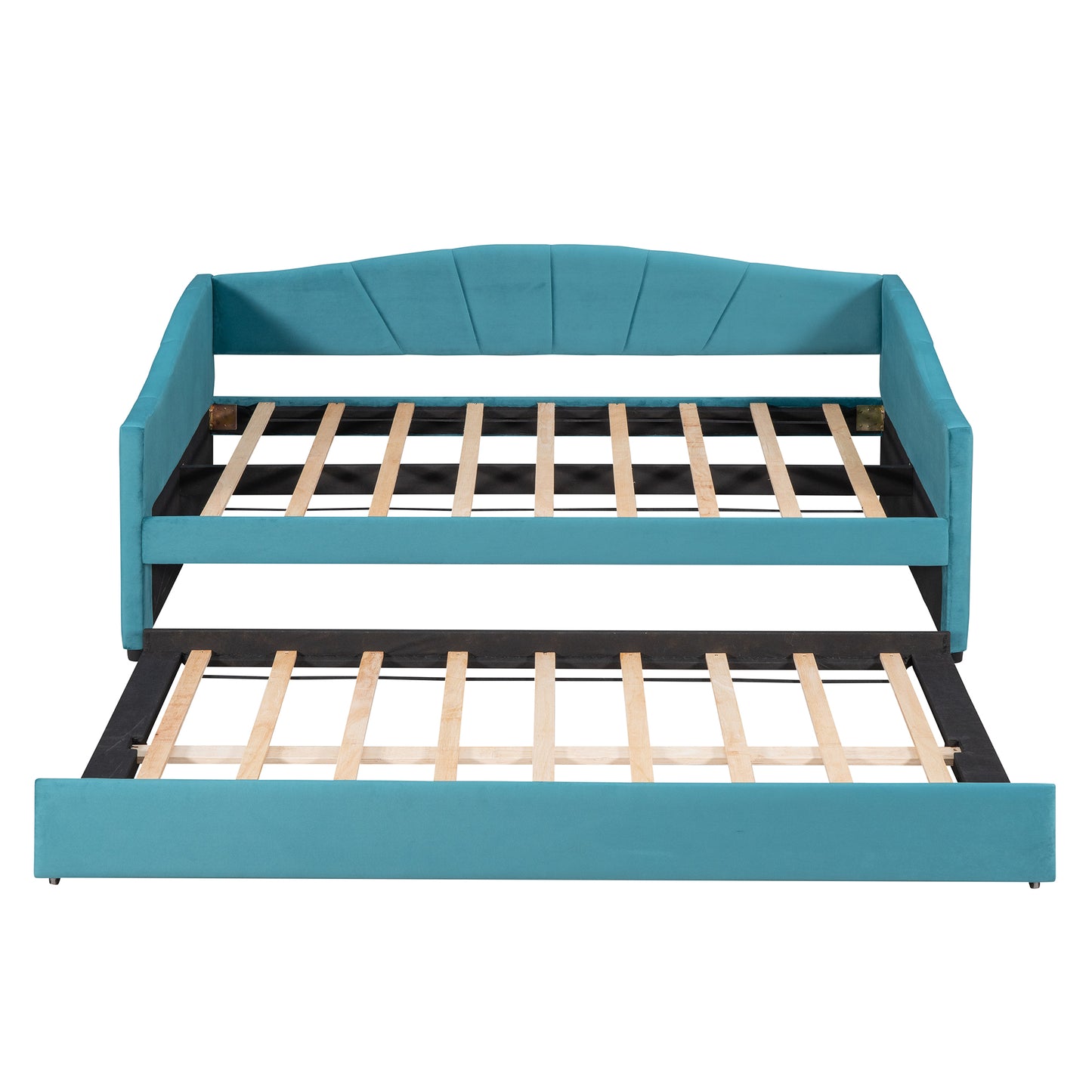 Teal velvet daybed with pullout trundle and slatted wooden frame