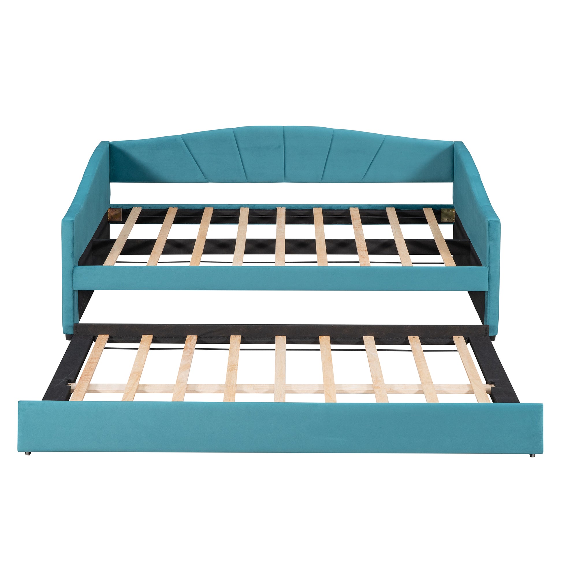 Teal velvet daybed with pullout trundle and slatted wooden frame