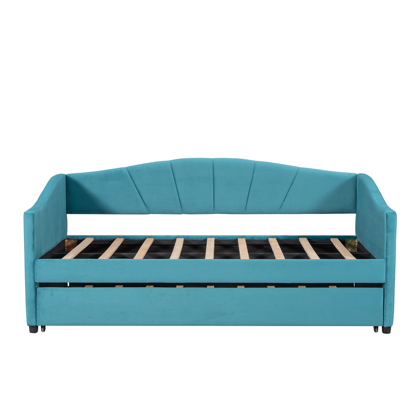 Teal velvet daybed with pullout trundle and buttontufted backrest