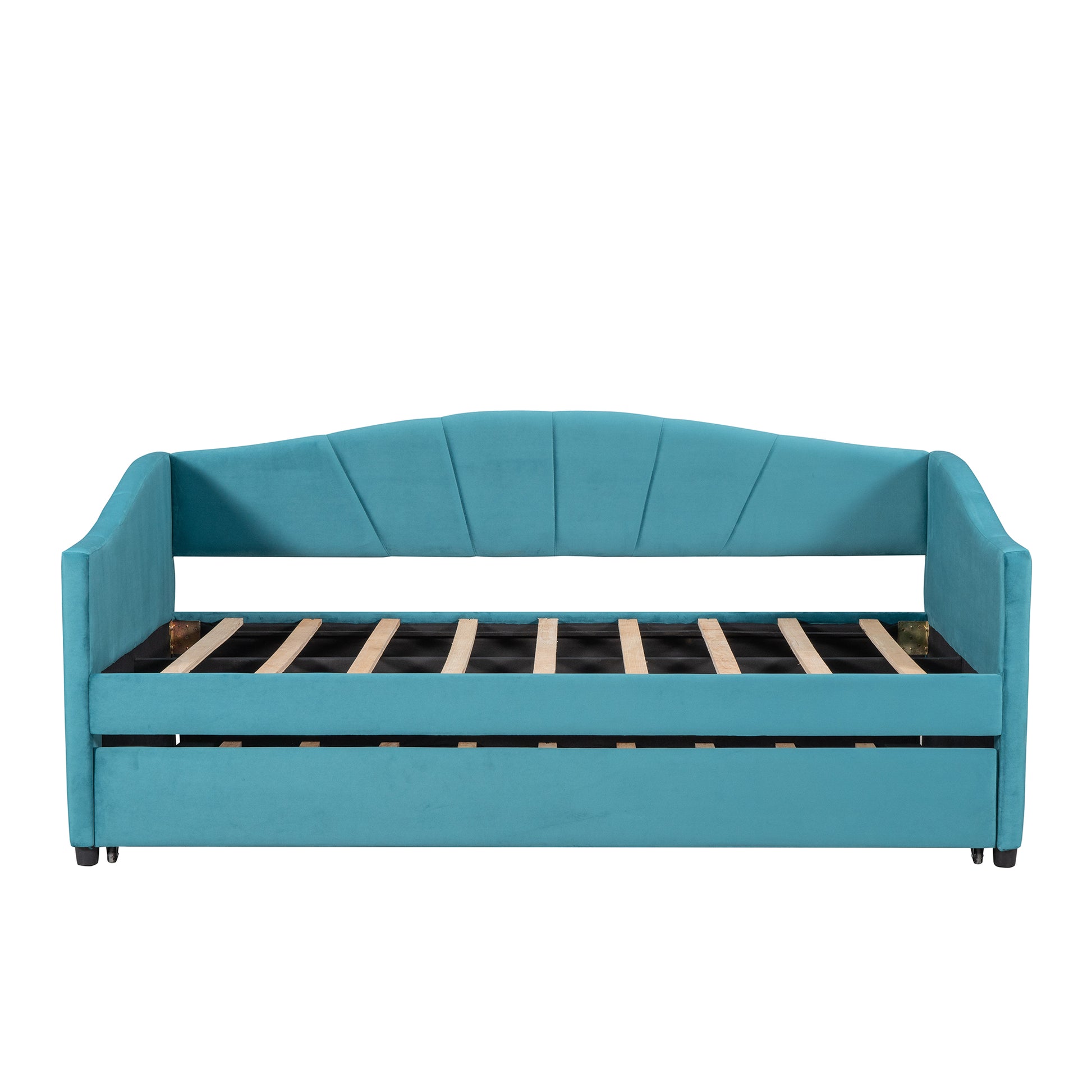 Teal velvet daybed with pullout trundle and buttontufted backrest