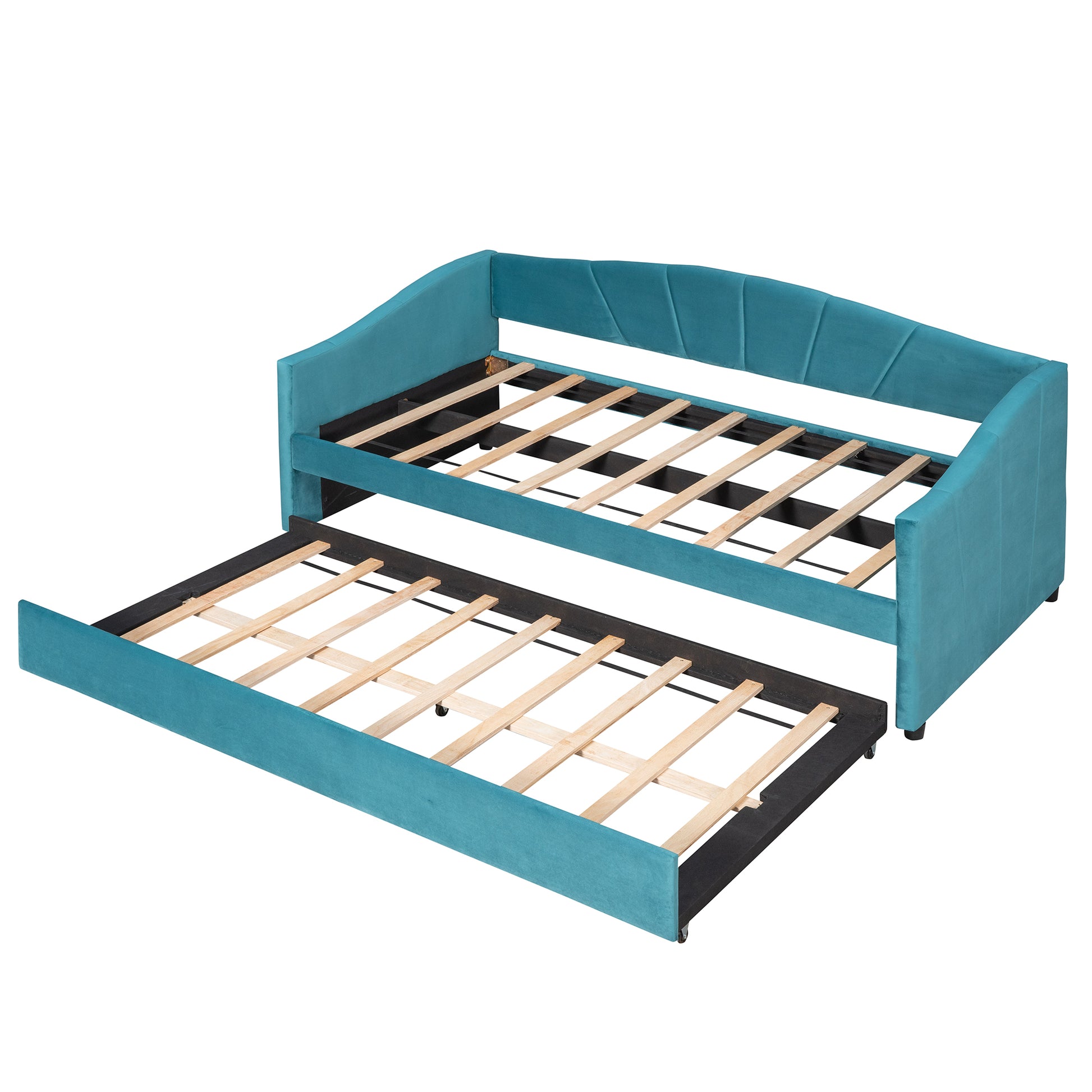 Turquoise upholstered daybed with pullout trundle