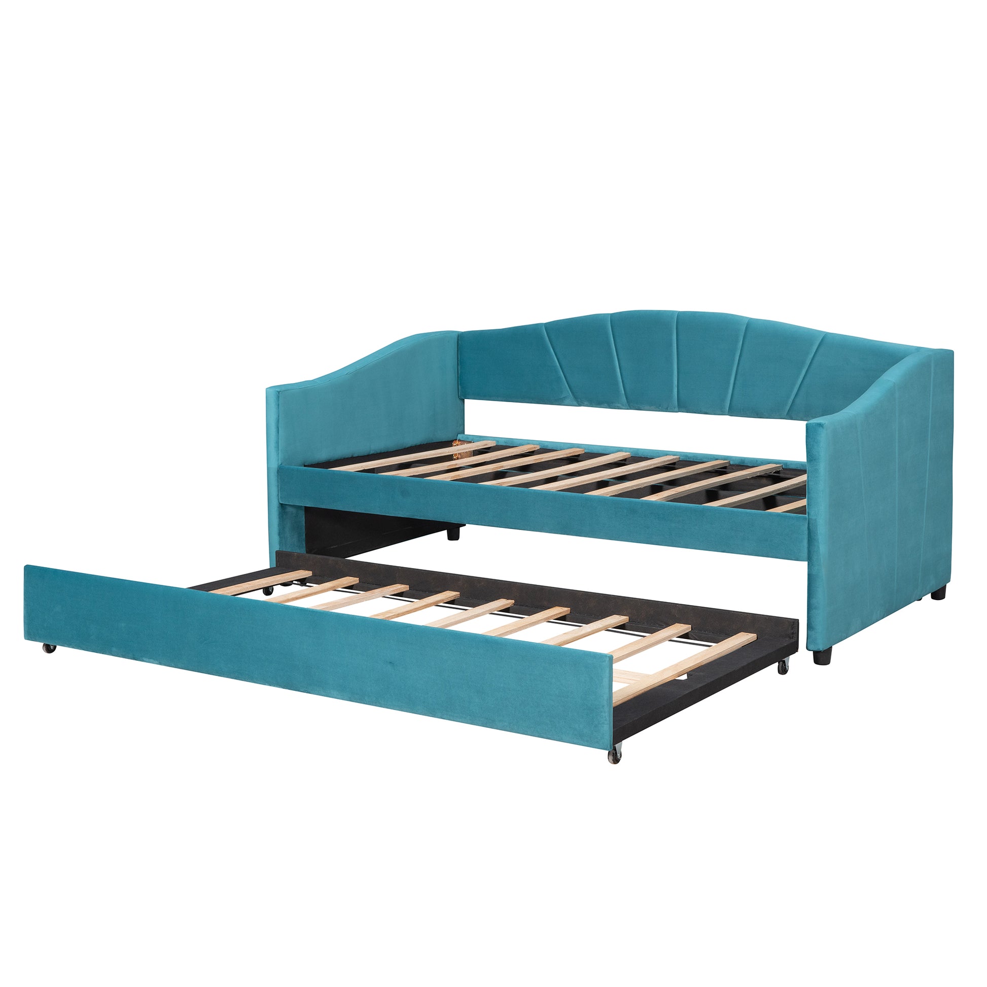 Teal velvet daybed with trundle featuring channel tufting and wooden slats for comfort