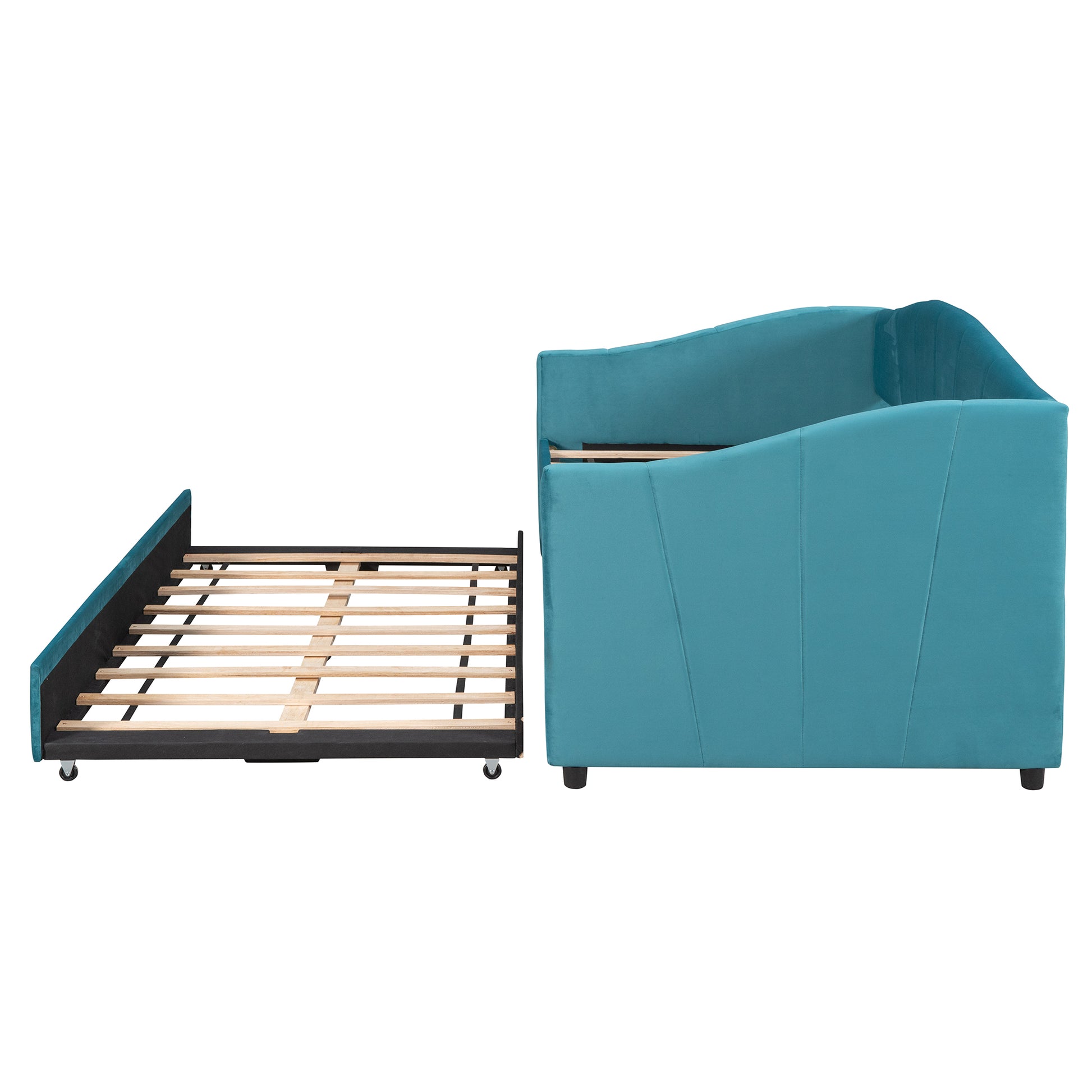 Turquoise velvet daybed with pullout trundle bed frame visible