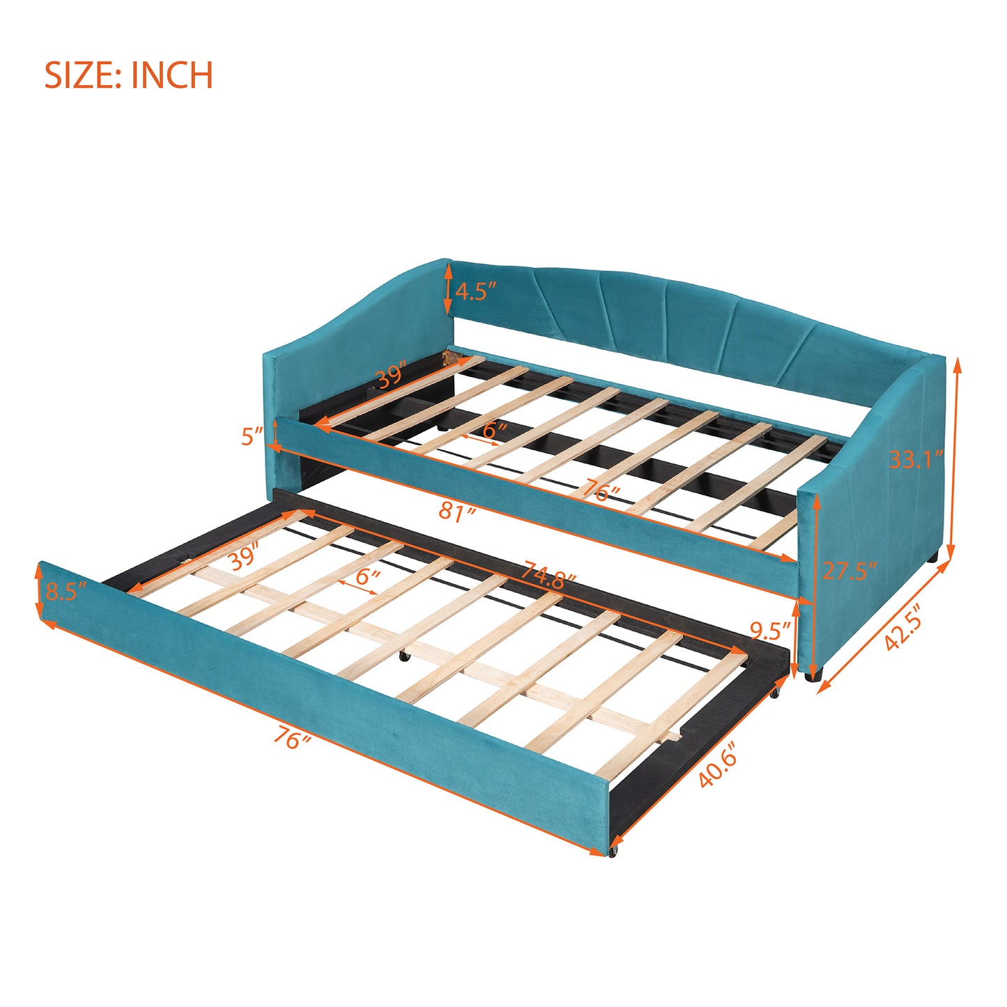 Turquoise daybed with trundle bed and detailed dimensions for easy setup and space planning