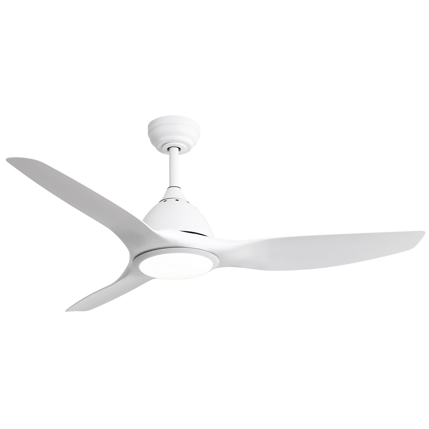 Modern white ceiling fan with integrated LED light and three curved blades
