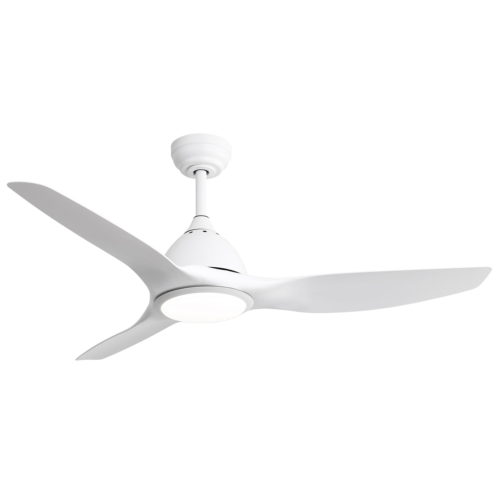 Modern white ceiling fan with integrated LED light and three curved blades