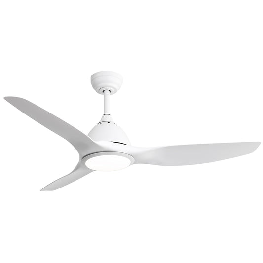 Modern white ceiling fan with integrated LED light and three curved blades