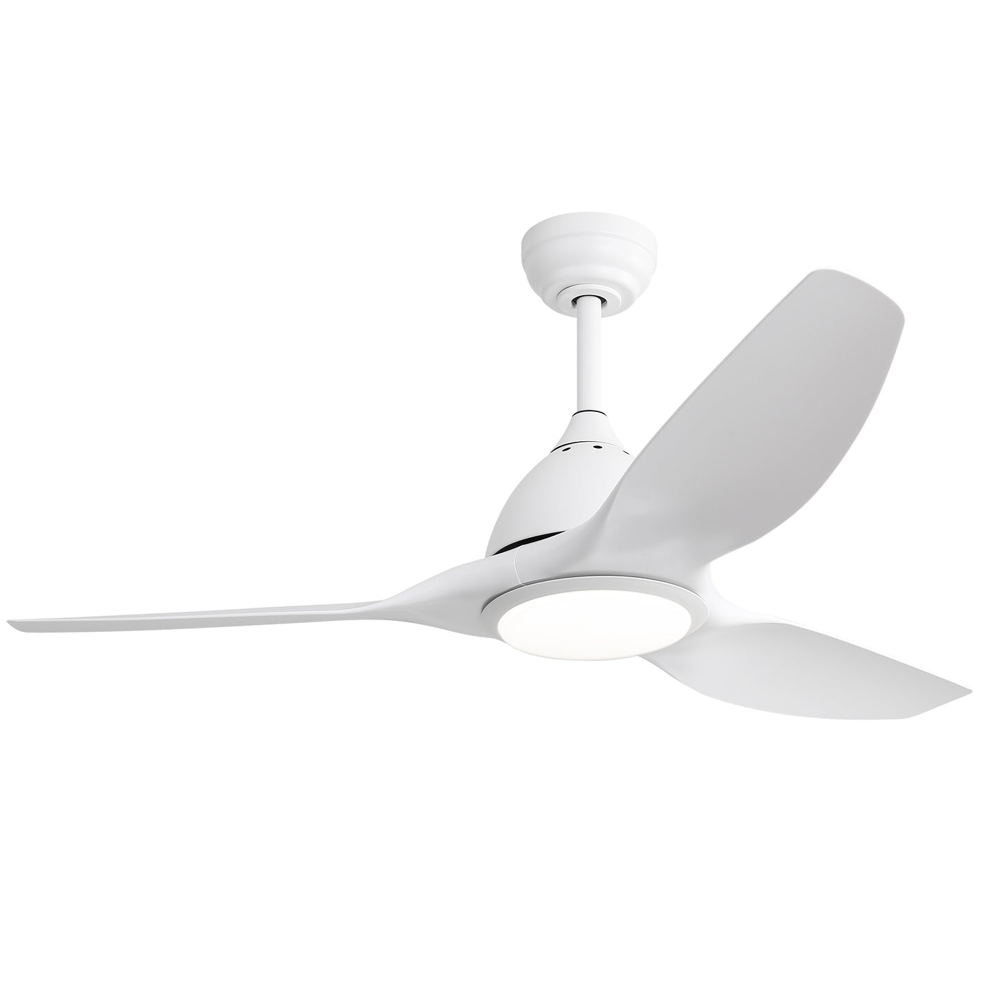Modern white blade ceiling fan with integrated LED light for home circulation