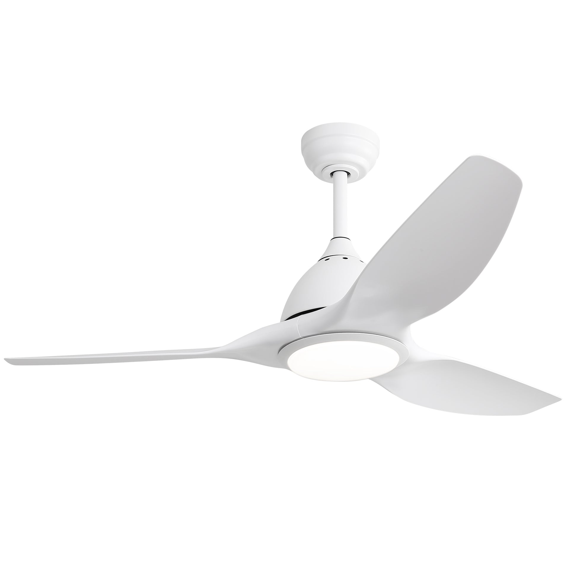Modern white blade ceiling fan with integrated LED light for home circulation