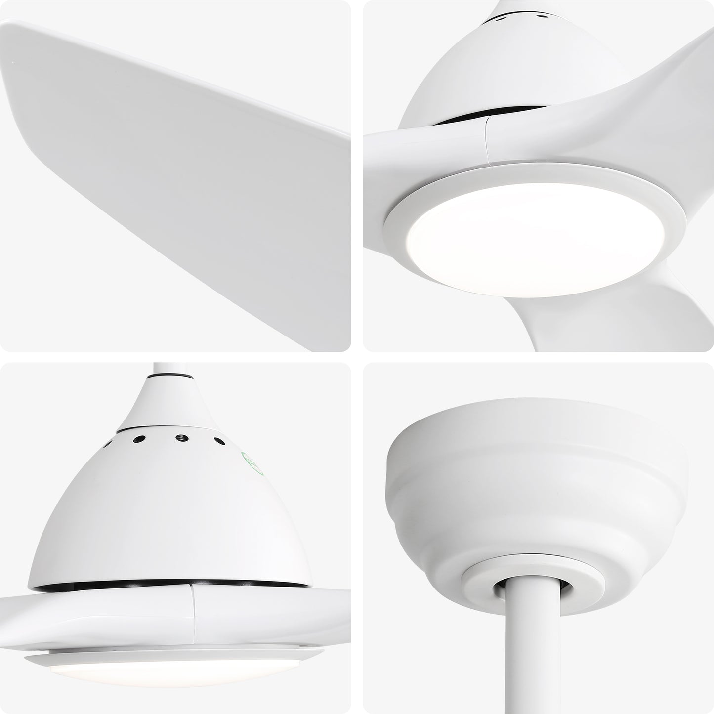 Closeup of a white modern ceiling fan blade with a sleek matte finish