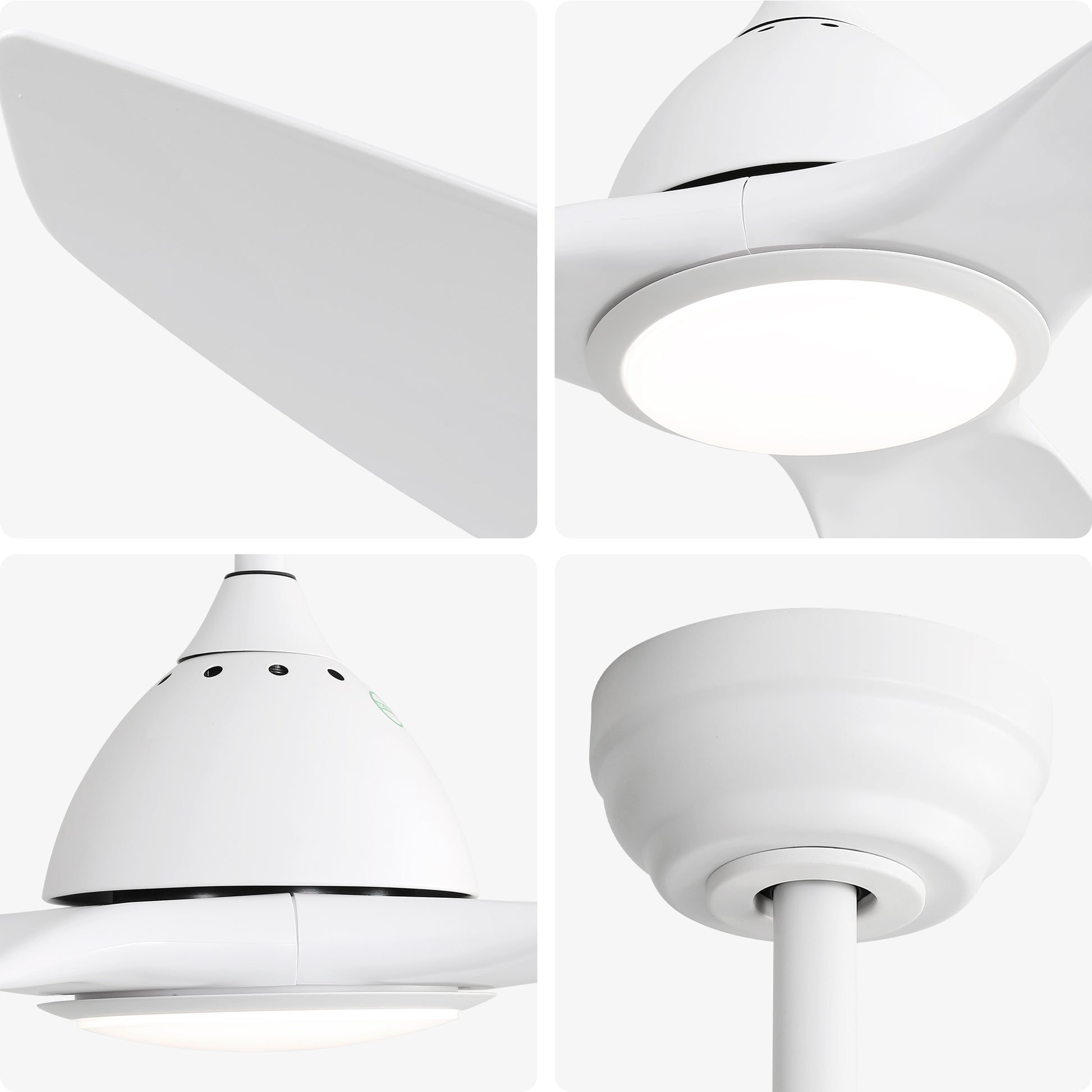 Closeup of a white modern ceiling fan blade with a sleek matte finish
