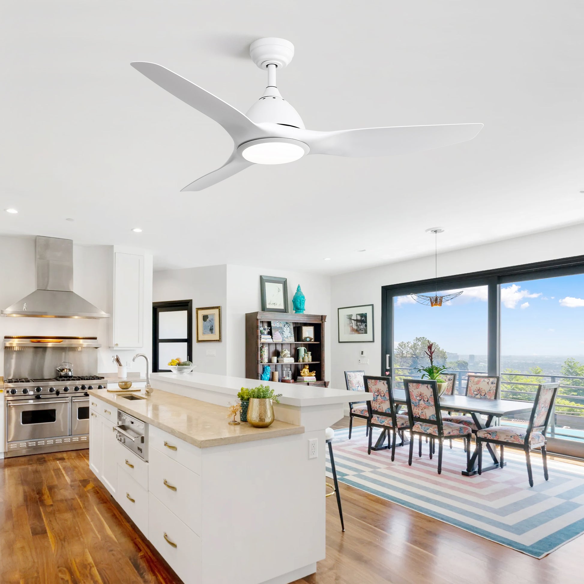 Modern white ceiling fan with integrated LED light perfect for kitchen