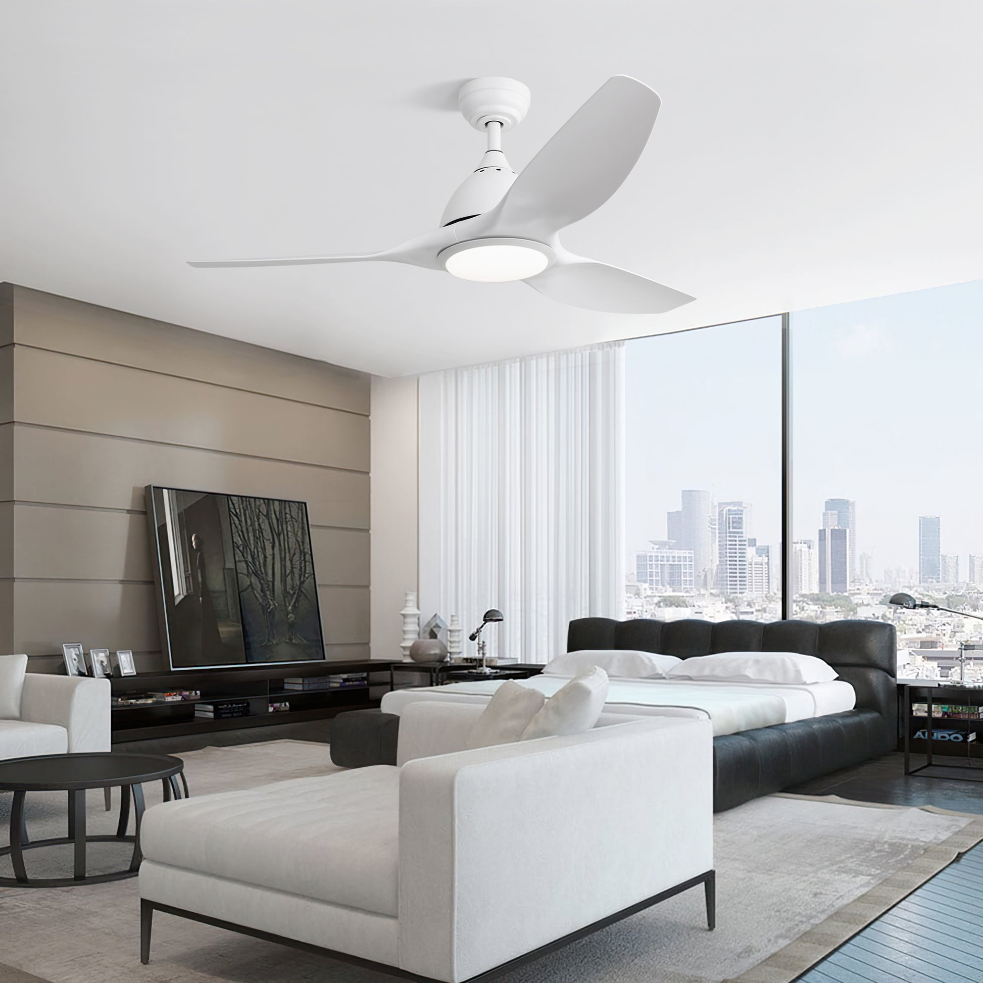 Modern white ceiling fan with integrated LED light ideal for contemporary bedrooms