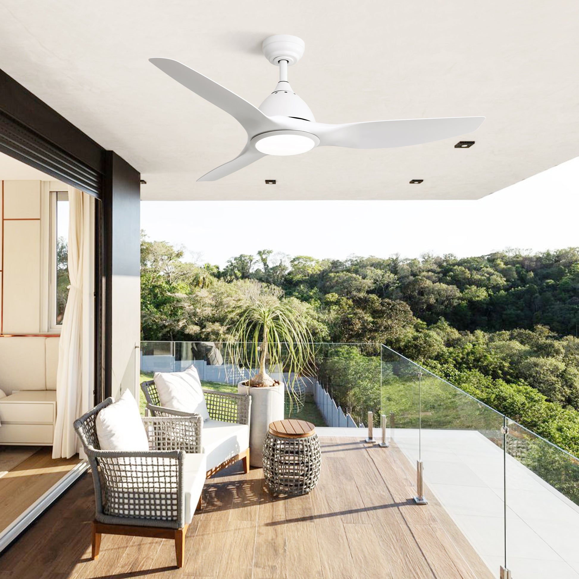 Modern white ceiling fan with integrated LED light for outdoor patios