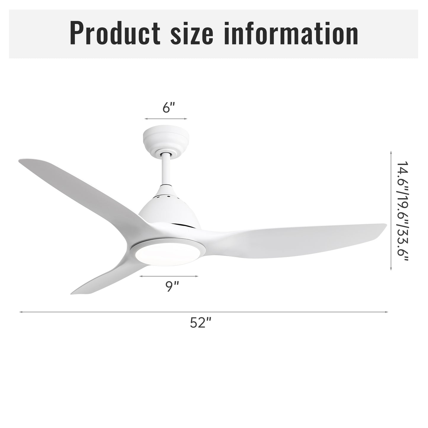 White  inch modern ceiling fan with integrated LED light and three sweeping blades