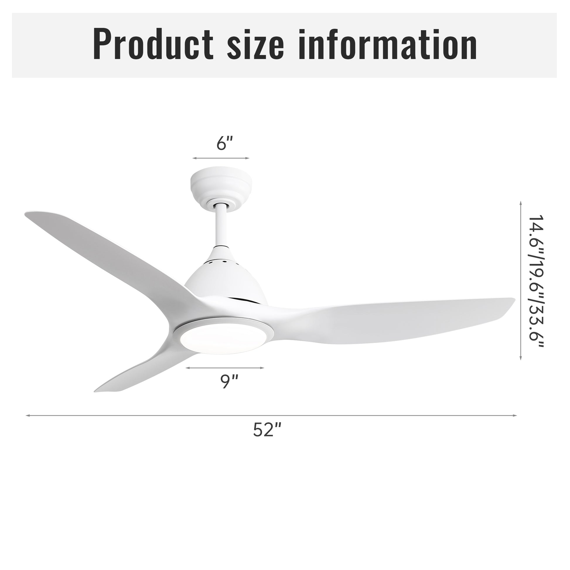 White  inch modern ceiling fan with integrated LED light and three sweeping blades