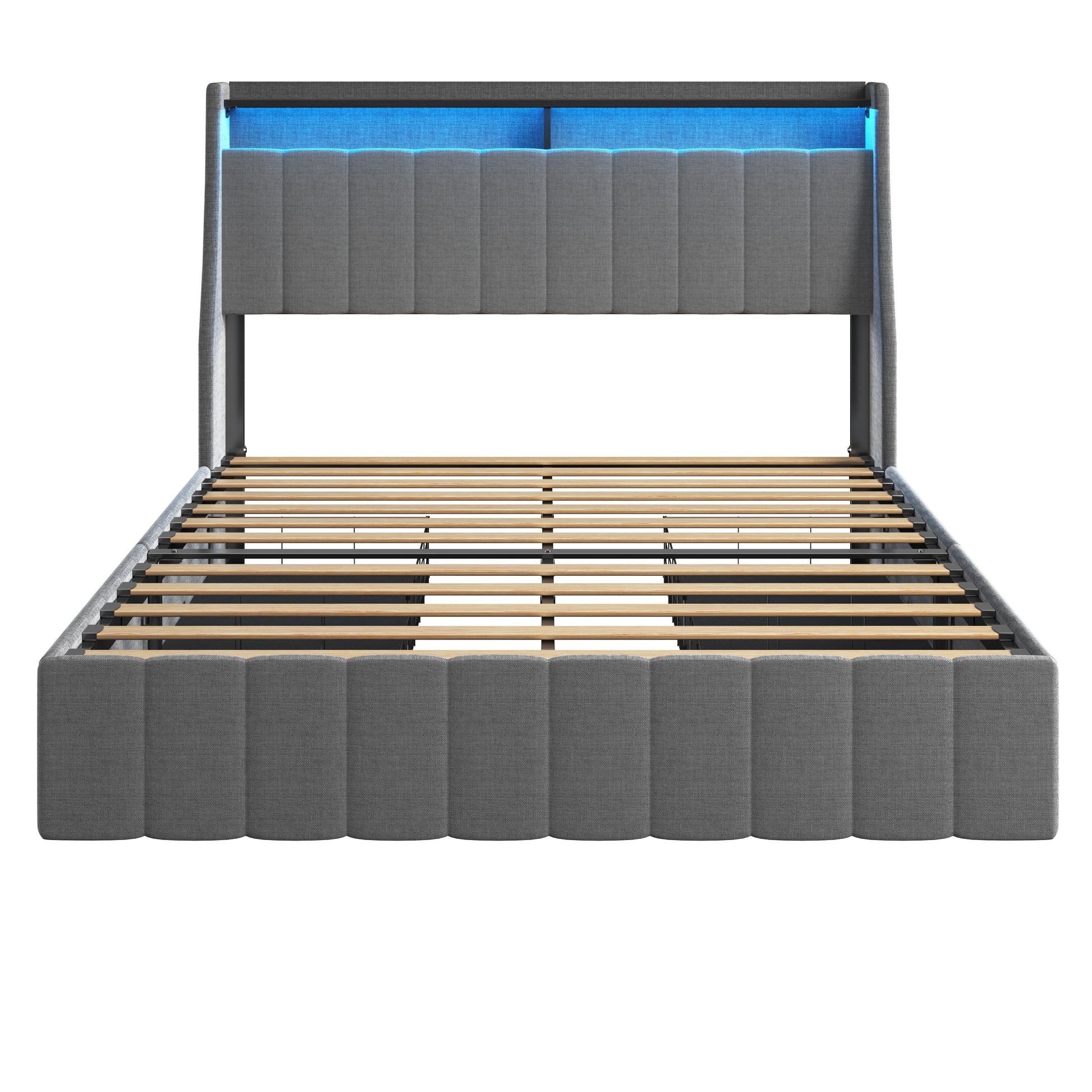 Grey upholstered platform bed frame with padded headboard and blue LED lighting