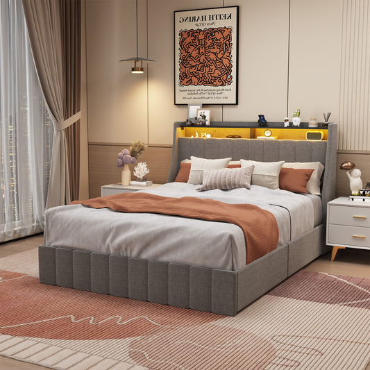 TREATLIFE HOME Full Size Bed Frame with RGB LED Lights and 4 Under-Bed Storage Drawers, Stylish Wings Headboard Design, Light Grey