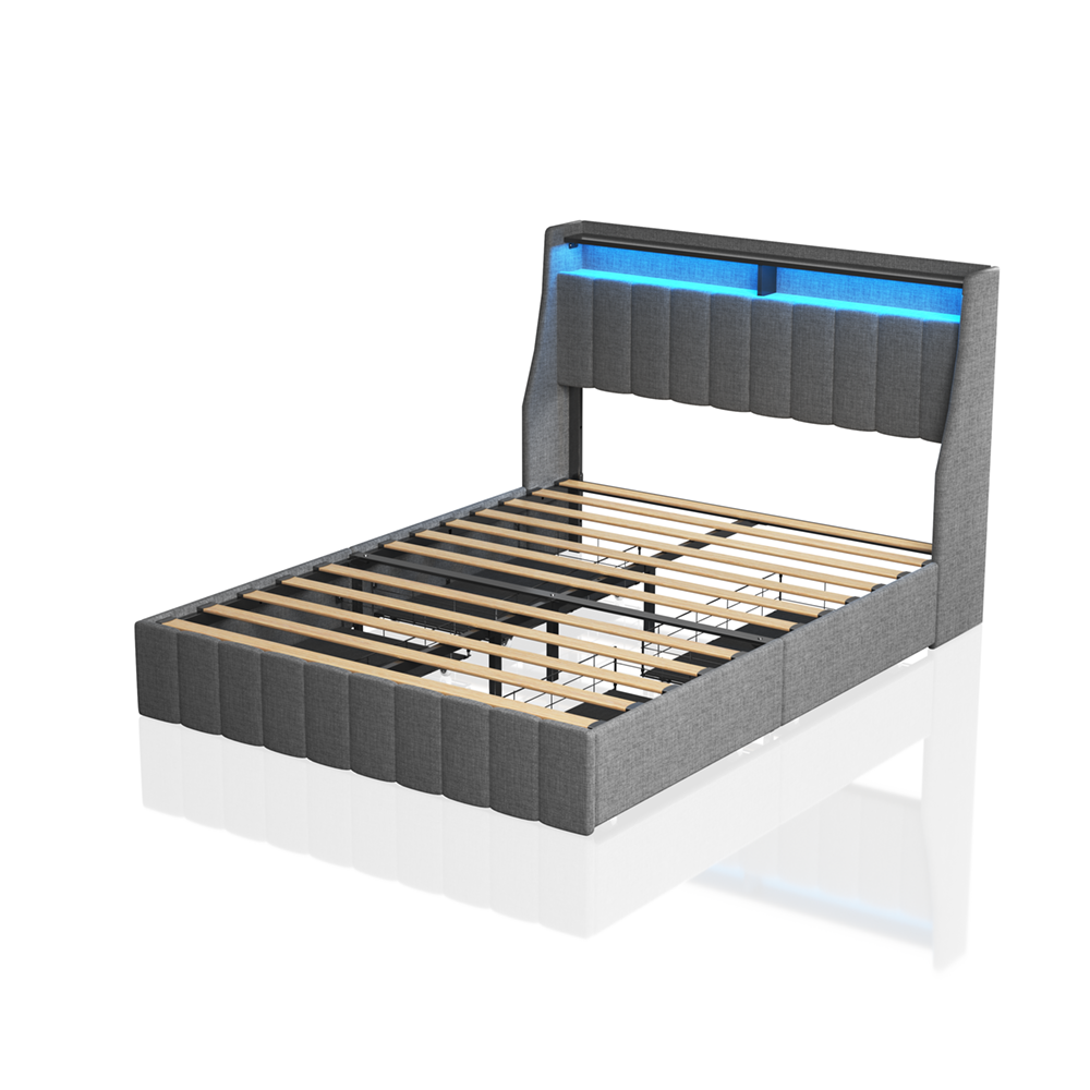 Gray upholstered bed frame with modern LED headboard