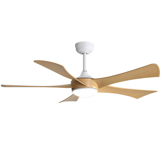 Modern white ceiling fan with five natural woodfinish blades and integrated LED light