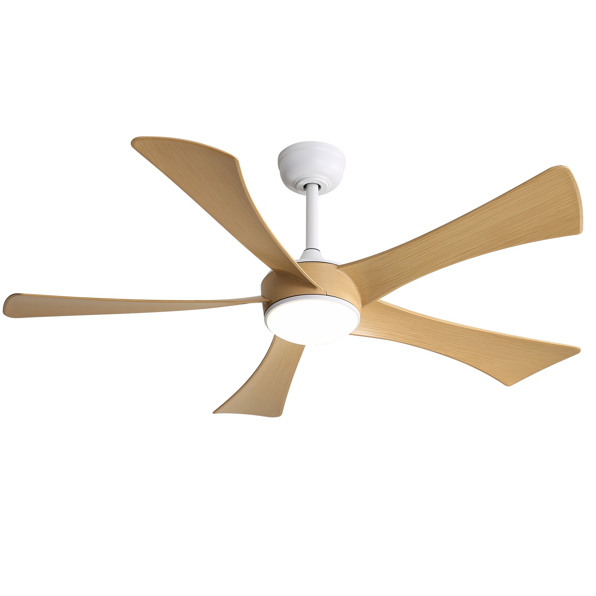 Modern blade ceiling fan with light featuring oak woodfinish blades and white motor housing