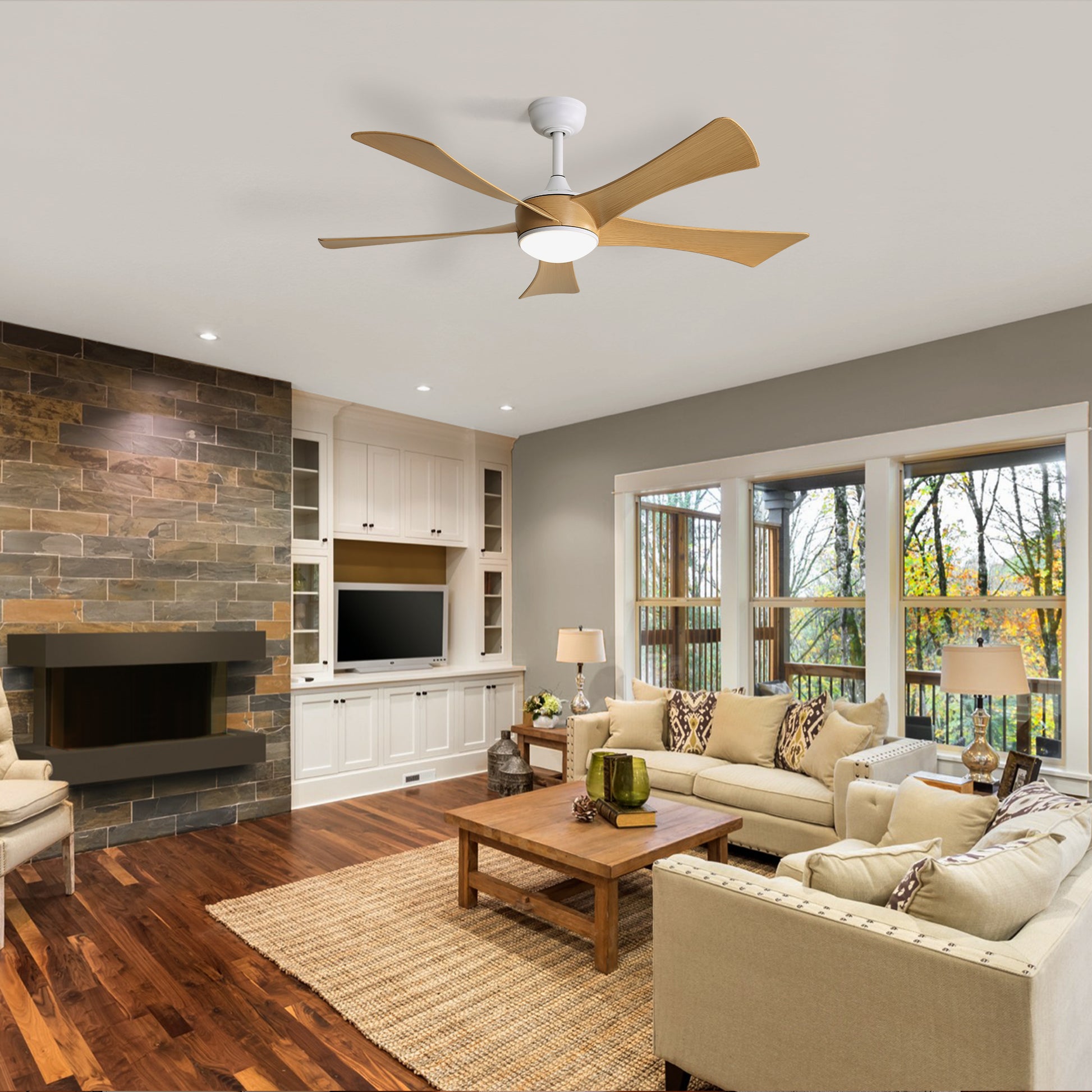 Modern white ceiling fan with five natural wood blades and integrated LED light