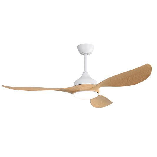 Modern white ceiling fan with natural wood blades and integrated LED light