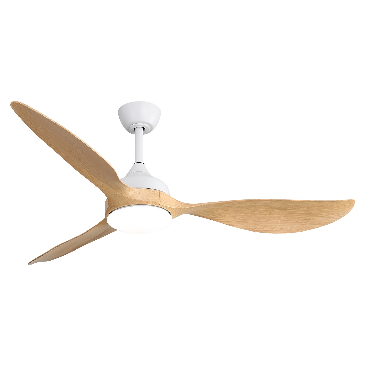 White ceiling fan with three curved natural wood blades and integrated LED light