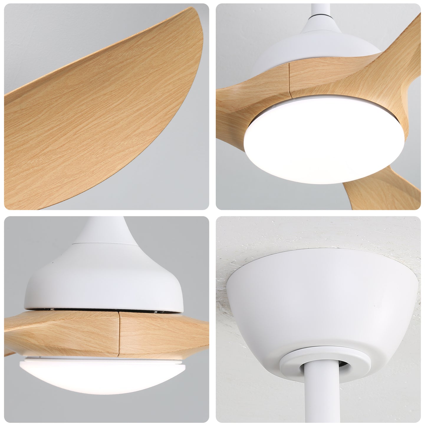 White ceiling fan with light and natural wood blades