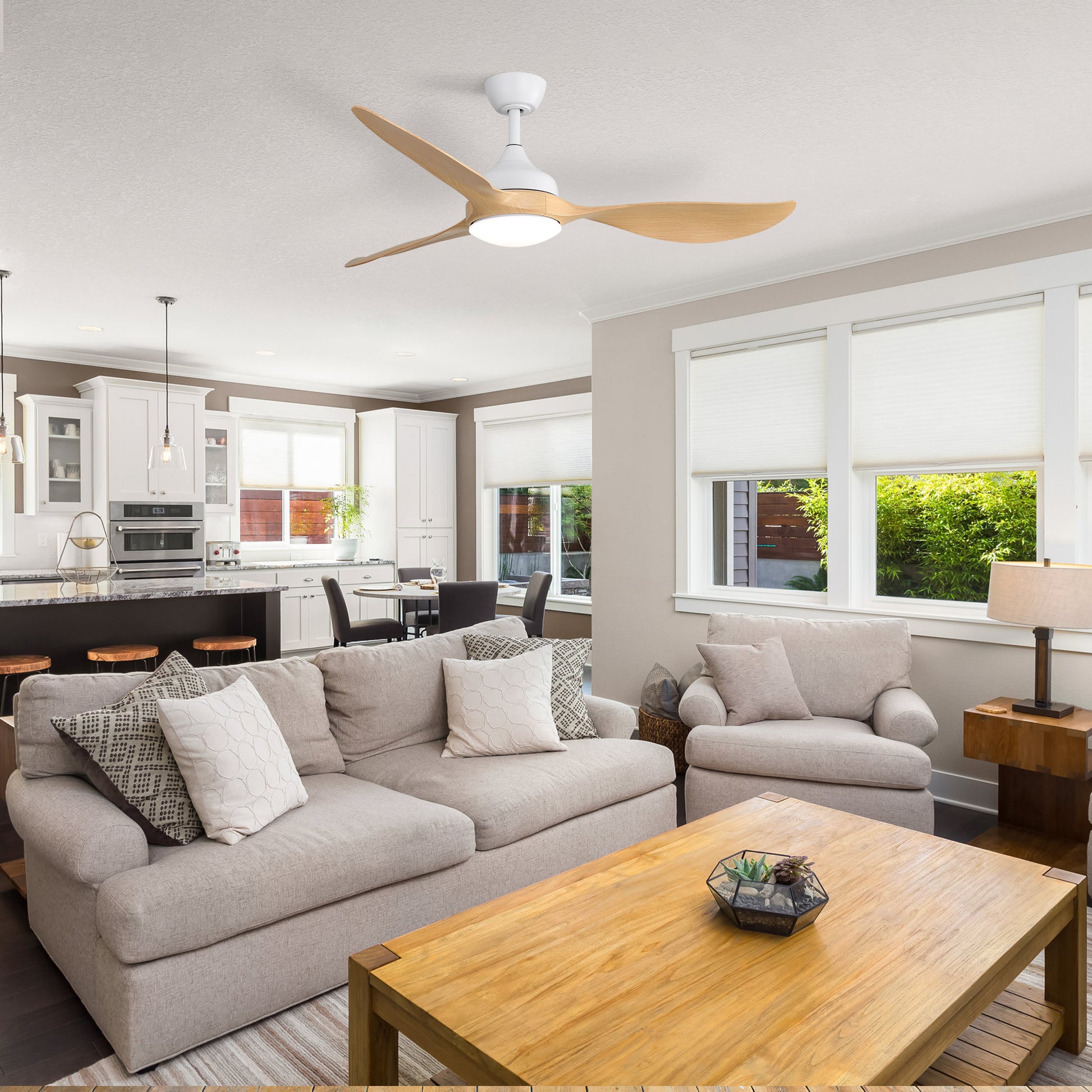 Modern white ceiling fan with natural wood blades and integrated LED light