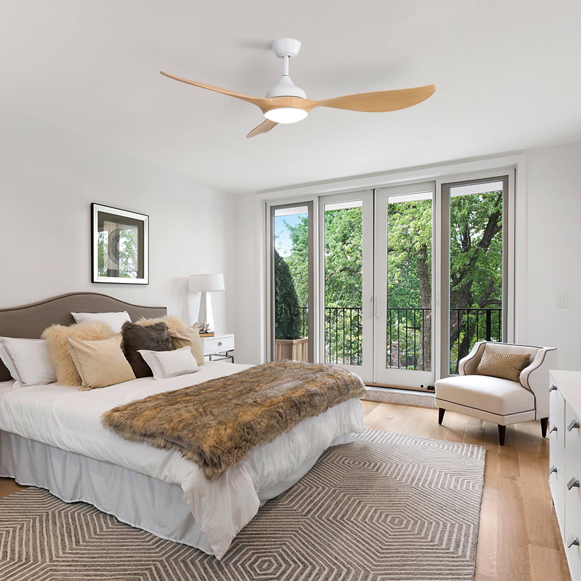 Modern white ceiling fan with natural wood blades and integrated LED light