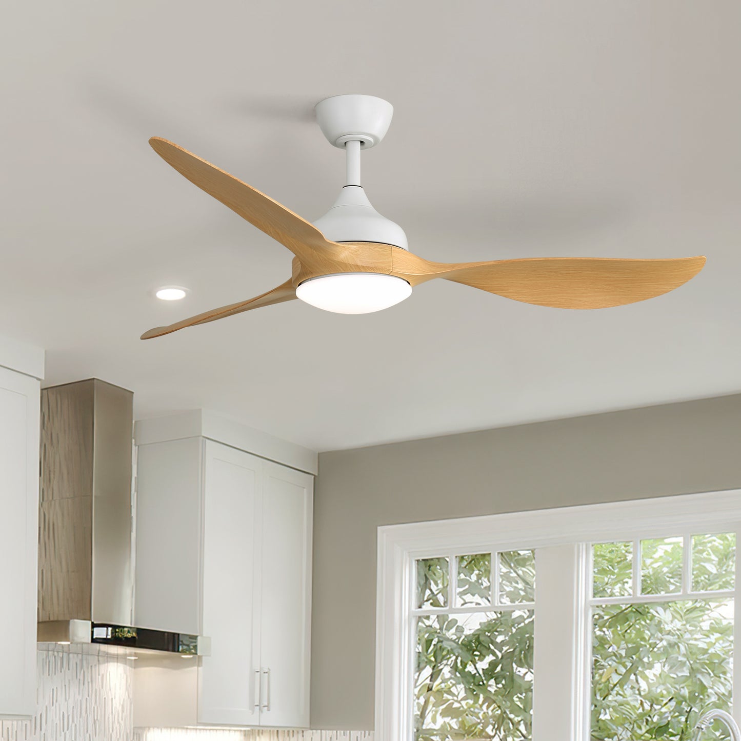Modern white ceiling fan with natural wood blades and integrated LED light