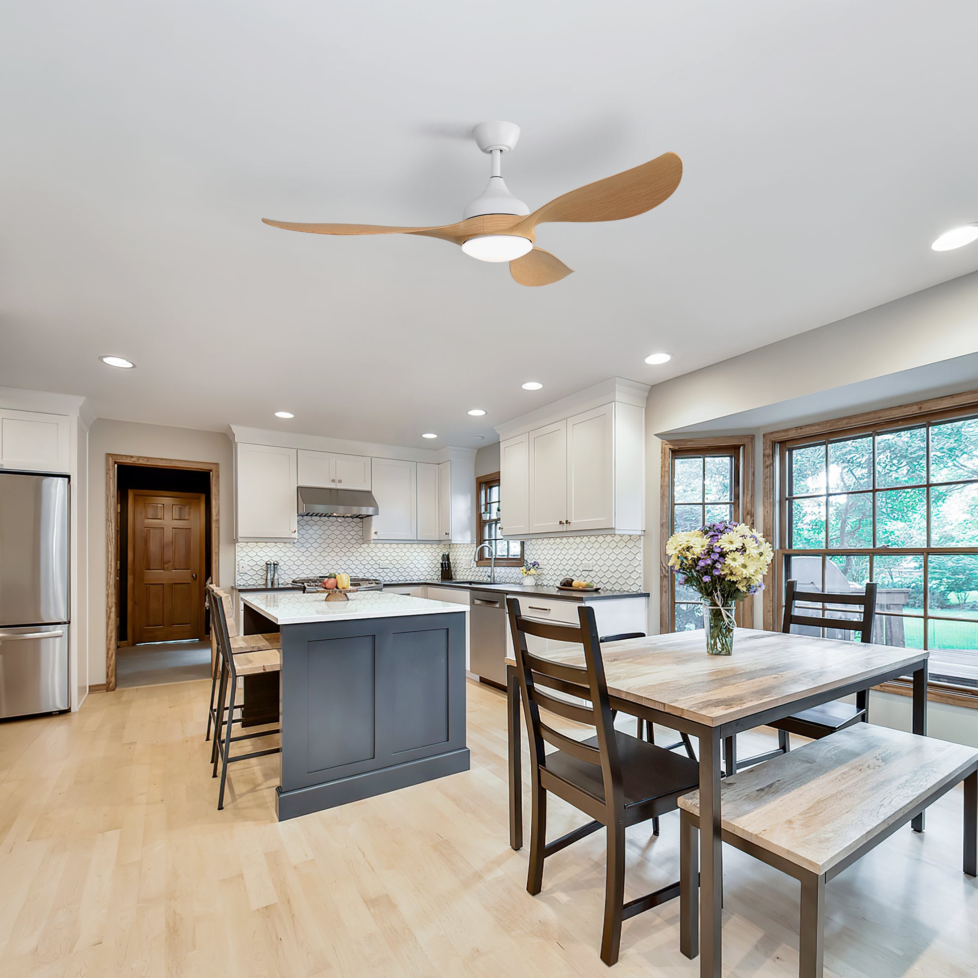 Modern white ceiling fan with natural wood blades and integrated LED light