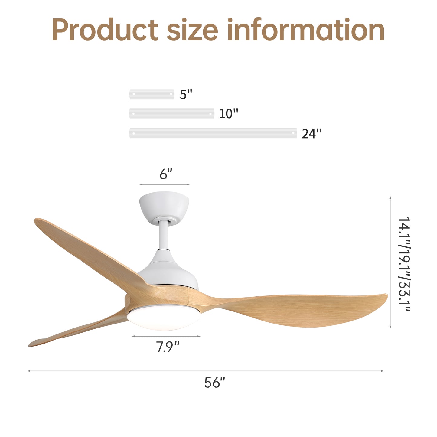 White modern ceiling fan with natural wood blades inch diameter
