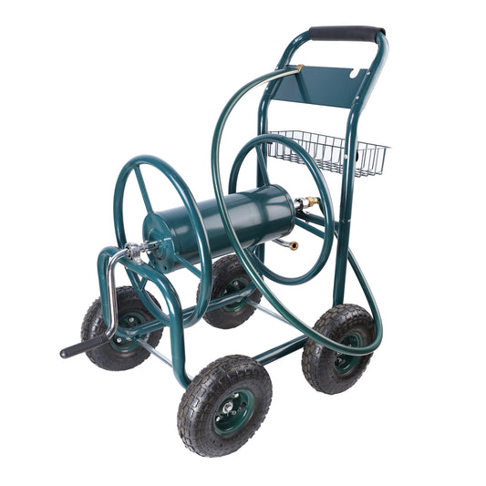 Green metal garden hose cart with large wheels for easy maneuverability