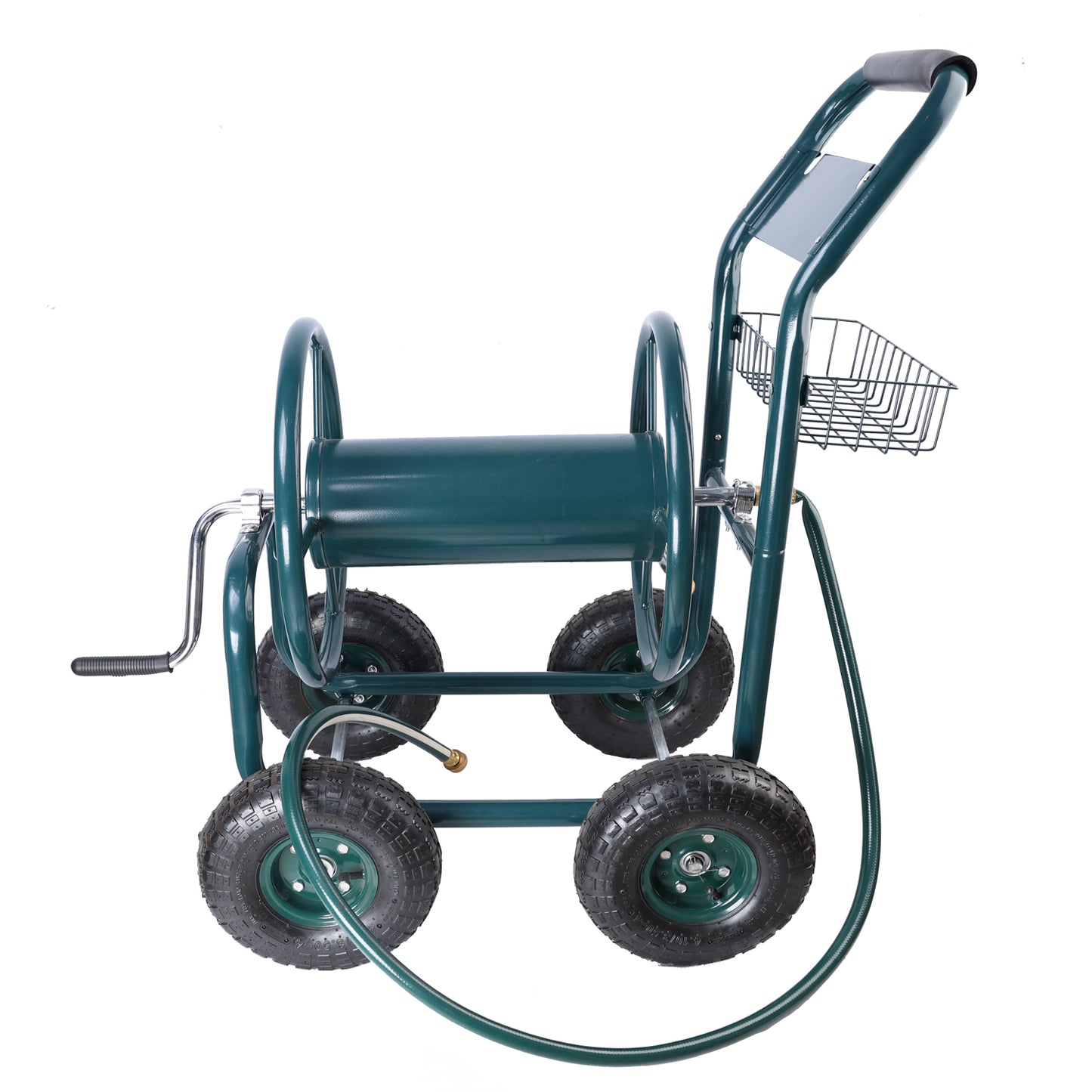Green metal garden hose cart with wheels and basket for easy watering