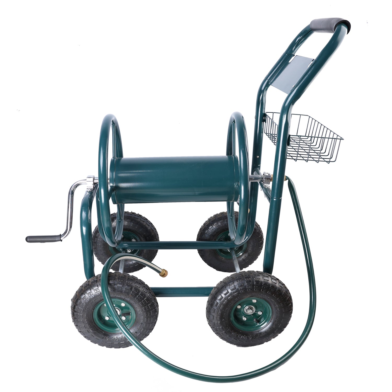Green metal garden hose cart with wheels and basket for easy watering