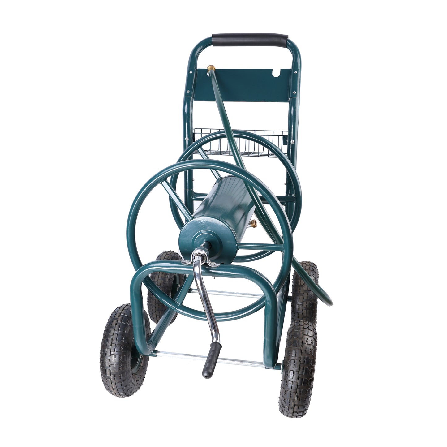 Green metal garden hose reel cart with large wheels and crank
