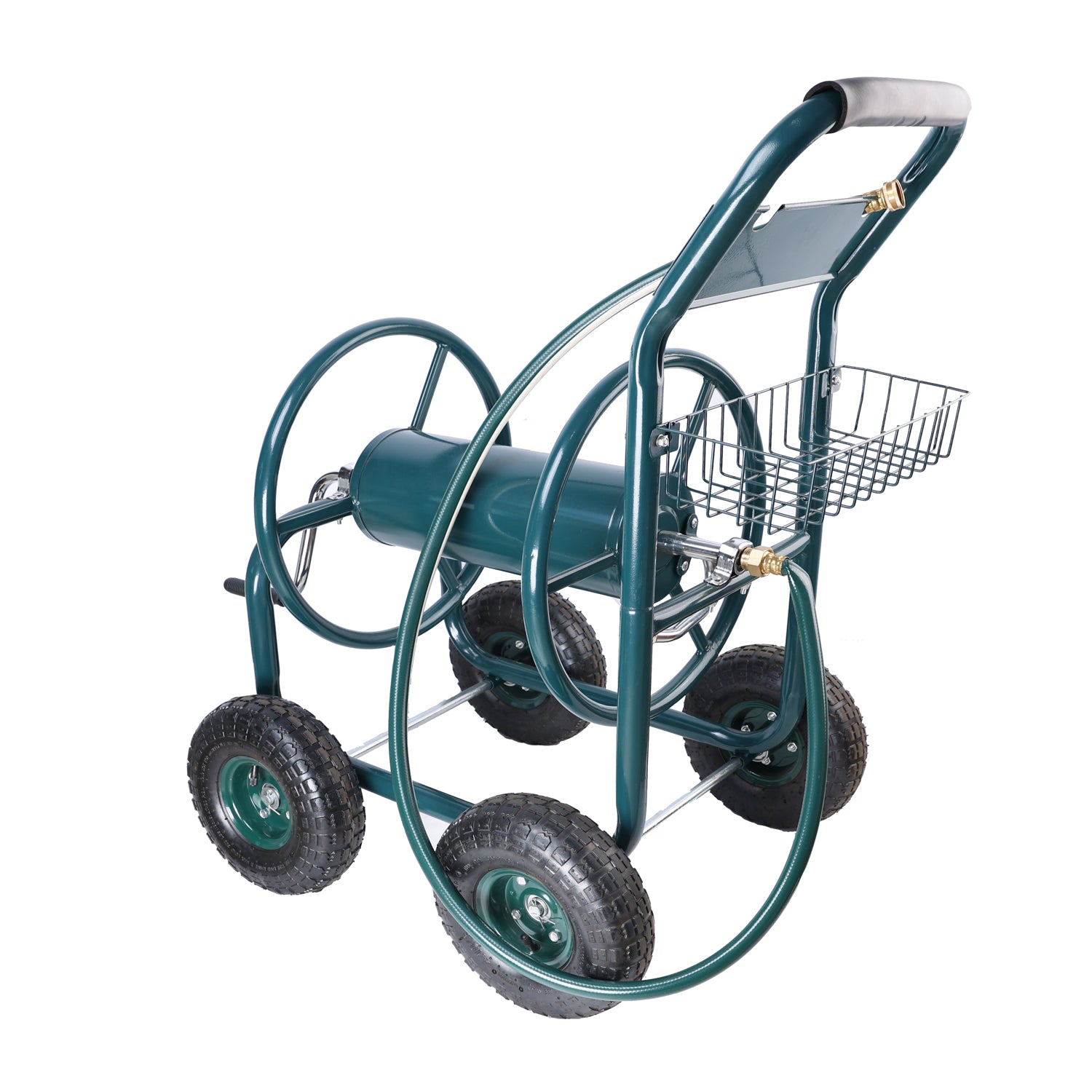 Dark green metal garden hose reel cart with large wheels and basket