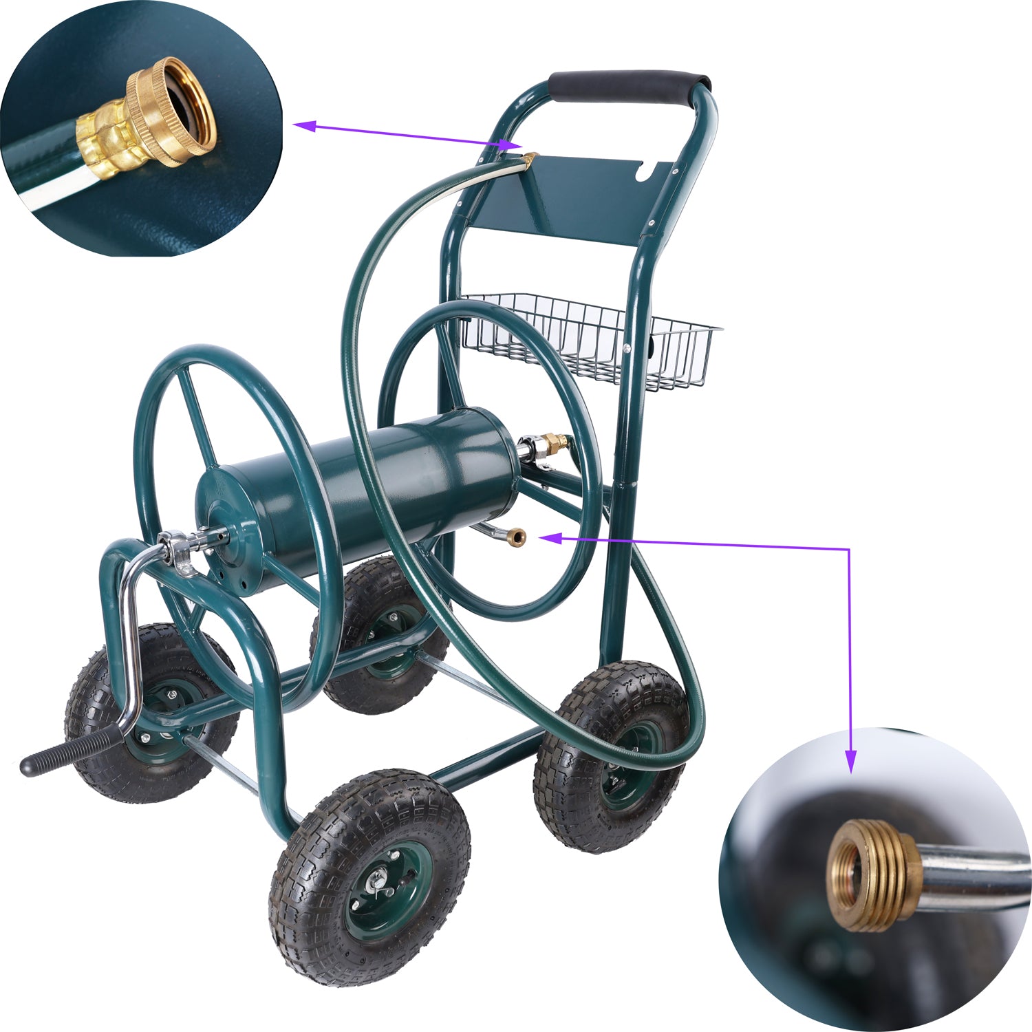 Green wheeled garden hose reel cart with brass connectors and a storage basket