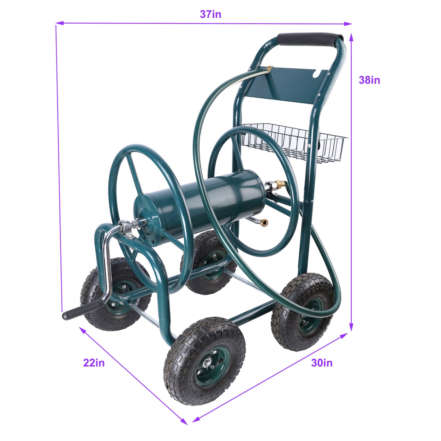 Green metal garden hose reel cart with large pneumatic tires and storage basket