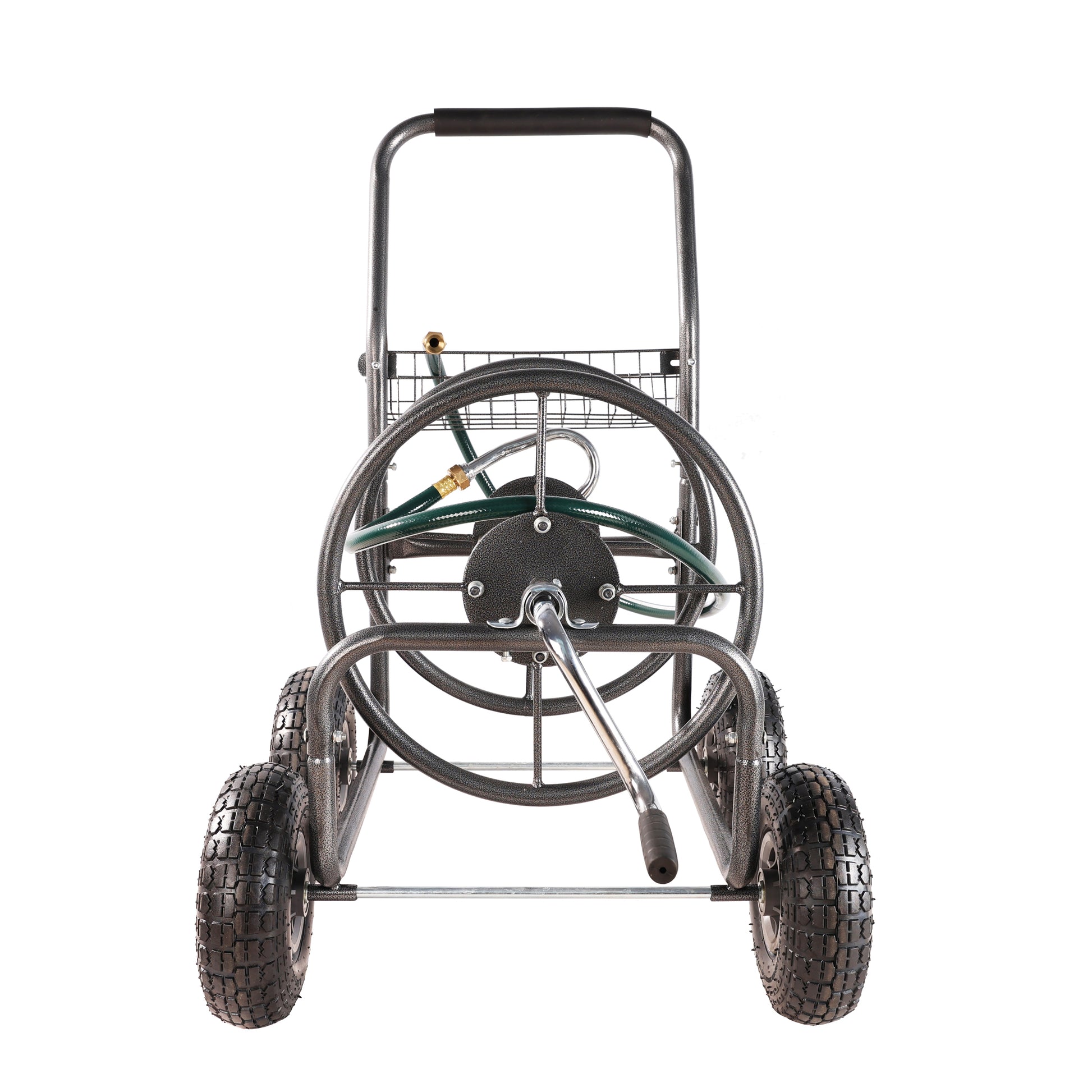 Heavyduty metal garden hose reel cart with large allterrain wheels and crank